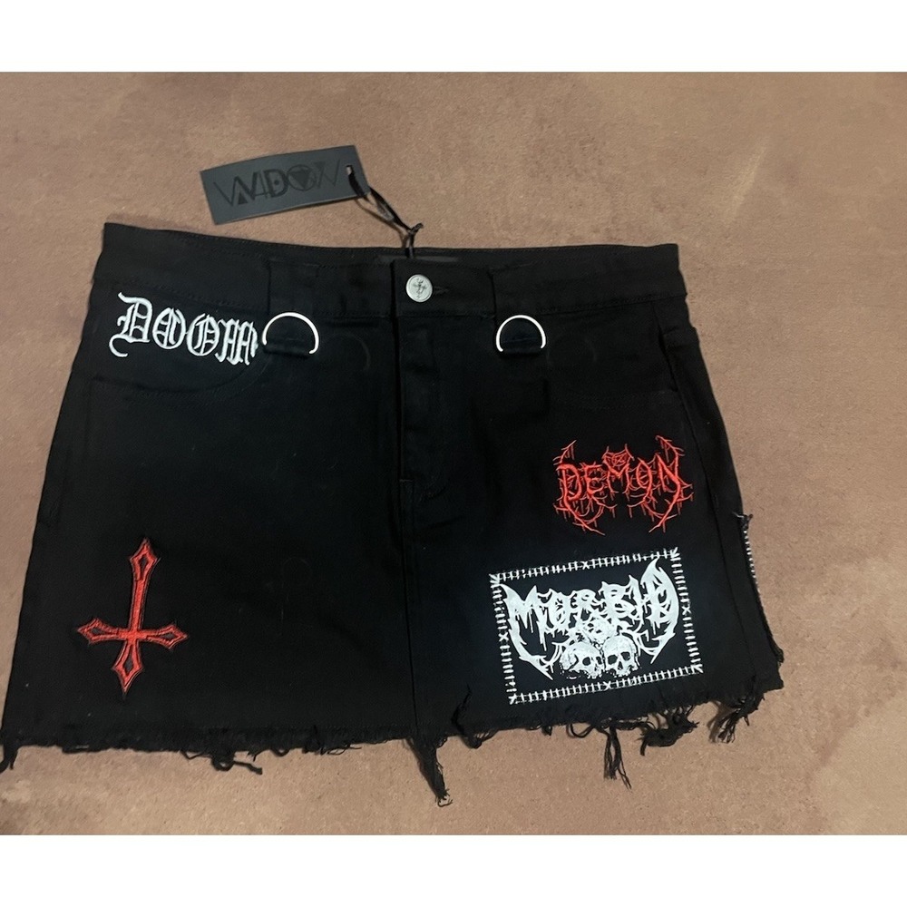 Dolls Kill Widow Noise Annoys Mini Black Denim Skirt Size M Punk Grunge Goth - Picture 11 of 13